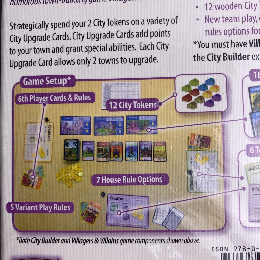 Studio 9 Games Villagers & Villains City Builder tabletop game expansion box in protective wrap