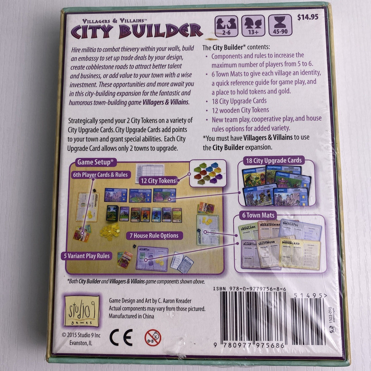 Studio 9 Games Villagers & Villains City Builder tabletop game expansion box in protective wrap