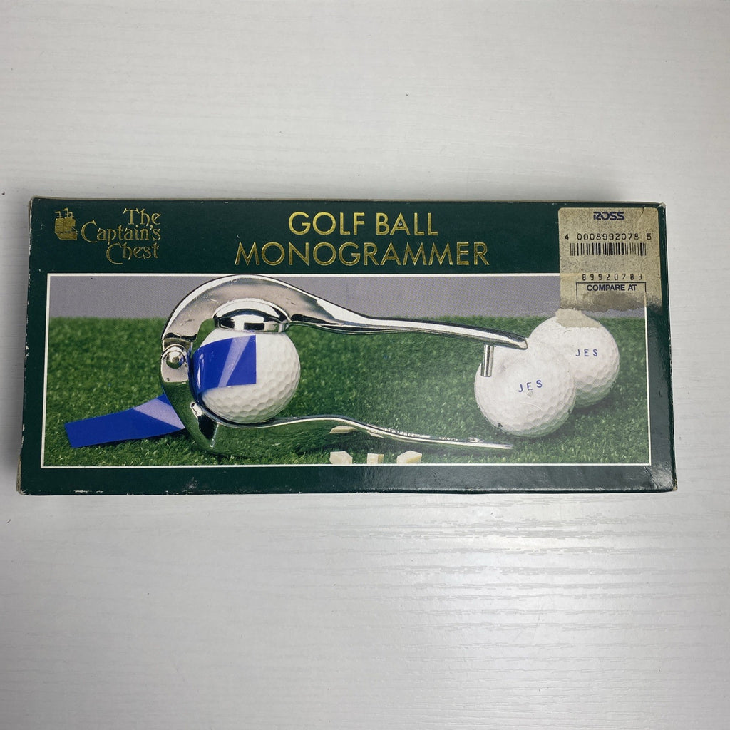 The Captain's Chest chrome metal golf ball monogrammer tool with letter stamps and box