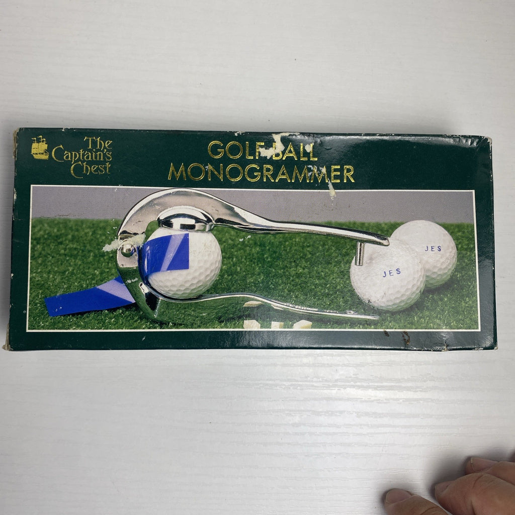 The Captain's Chest chrome metal golf ball monogrammer tool with letter stamps and box