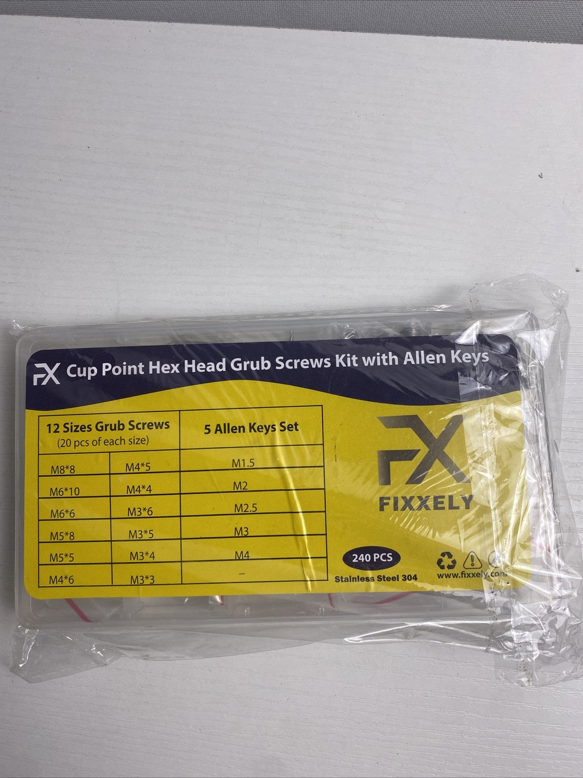 Sealed FIXXELY 240-piece 304 stainless steel metric hex socket grub screw kit in clear organizer case