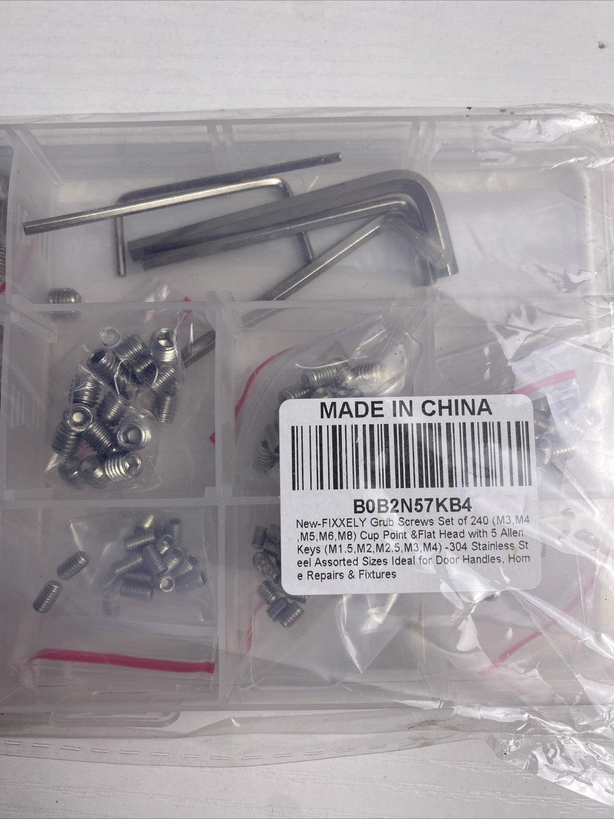 Sealed FIXXELY 240-piece 304 stainless steel metric hex socket grub screw kit in clear organizer case