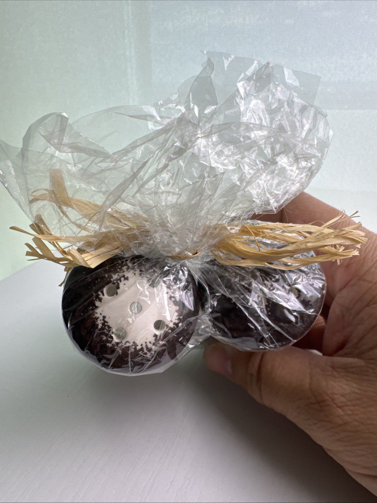 Hawaii by Elle brown and white floral ceramic salt and pepper shakers in original raffia-tied wrap