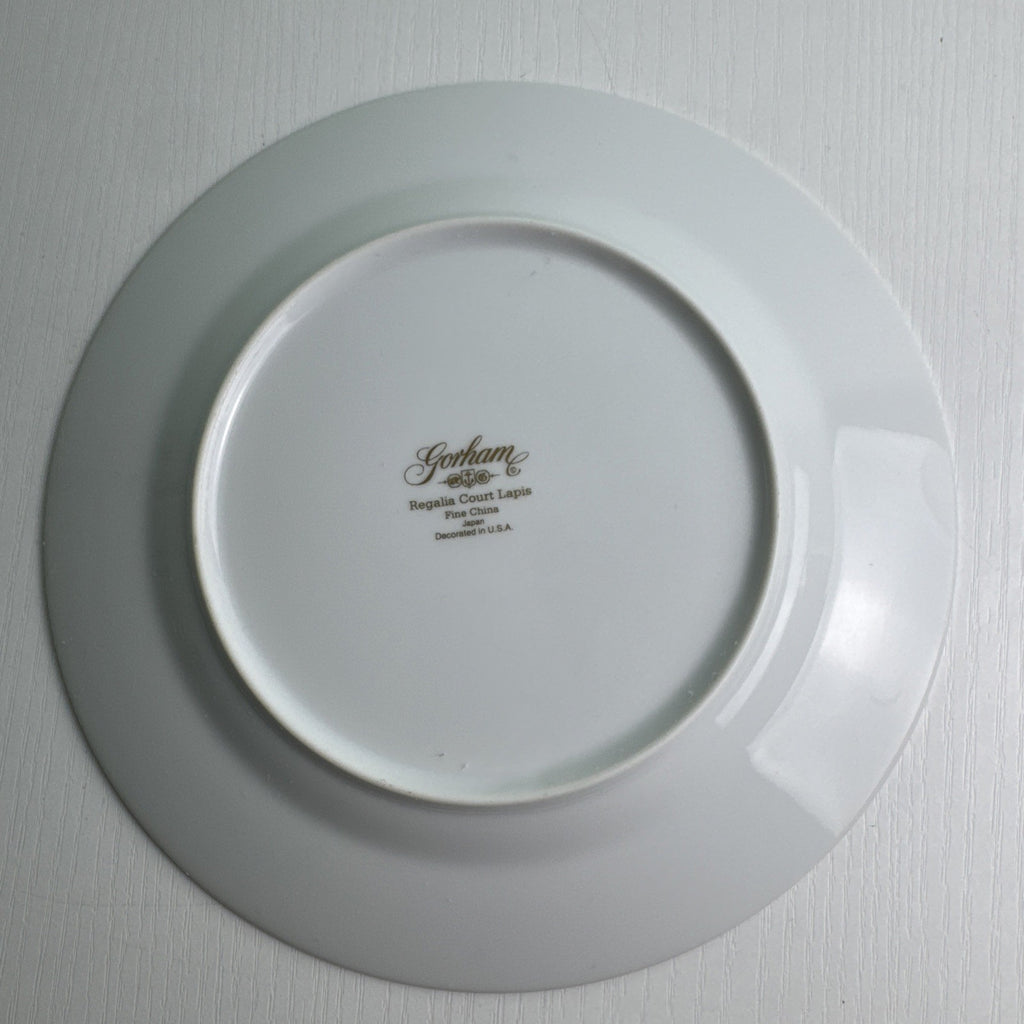 Gorham Regalia Court Lapis 7.75-inch bone china salad dessert plate with cobalt blue band and gold trim
