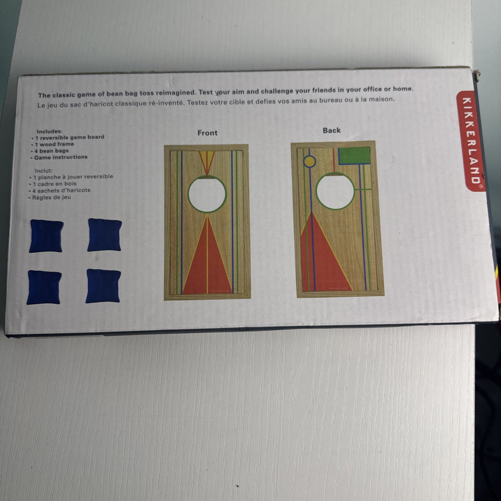 Kikkerland desktop mini cornhole wooden board game with reversible target and blue toss bags