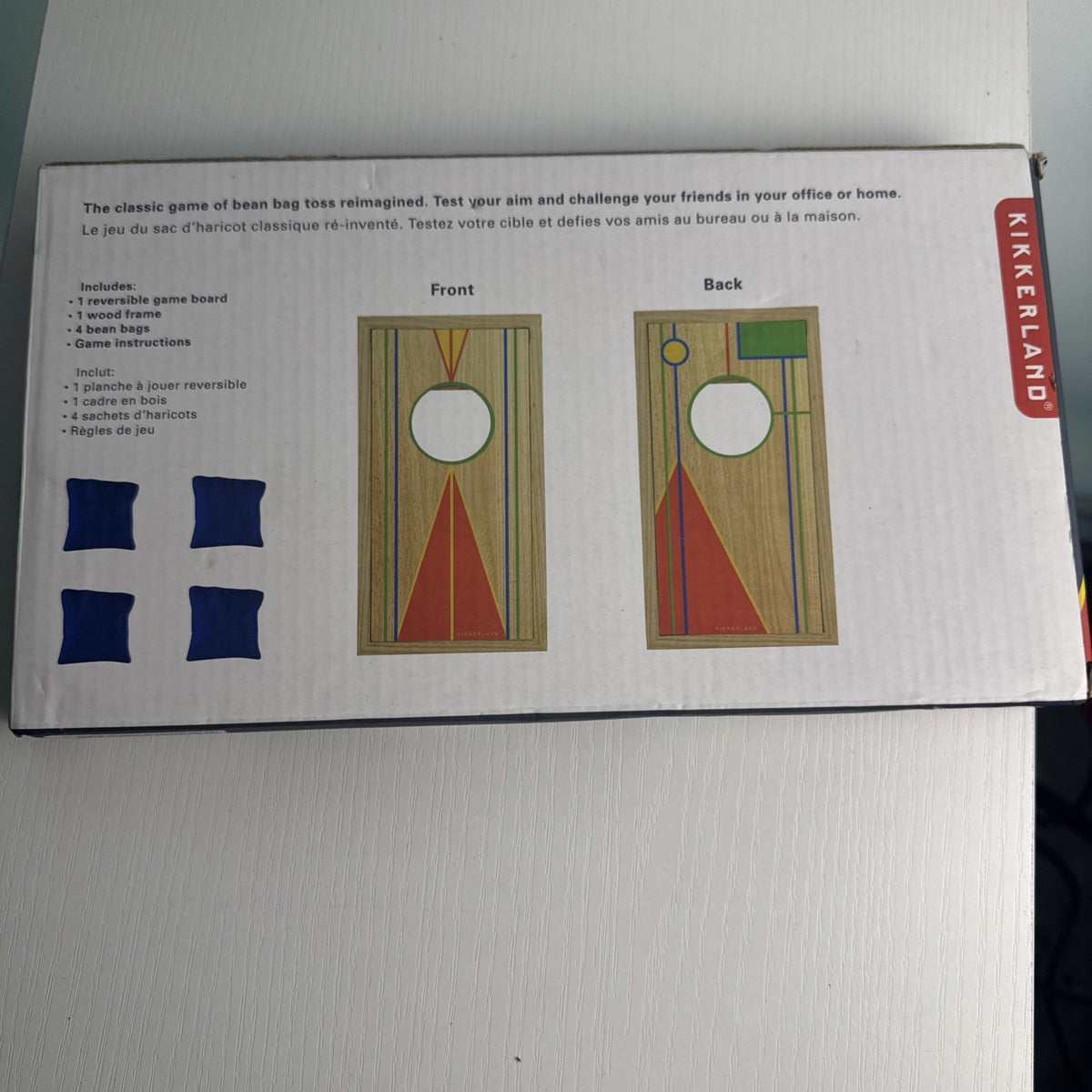 Kikkerland desktop mini cornhole wooden board game with reversible target and blue toss bags