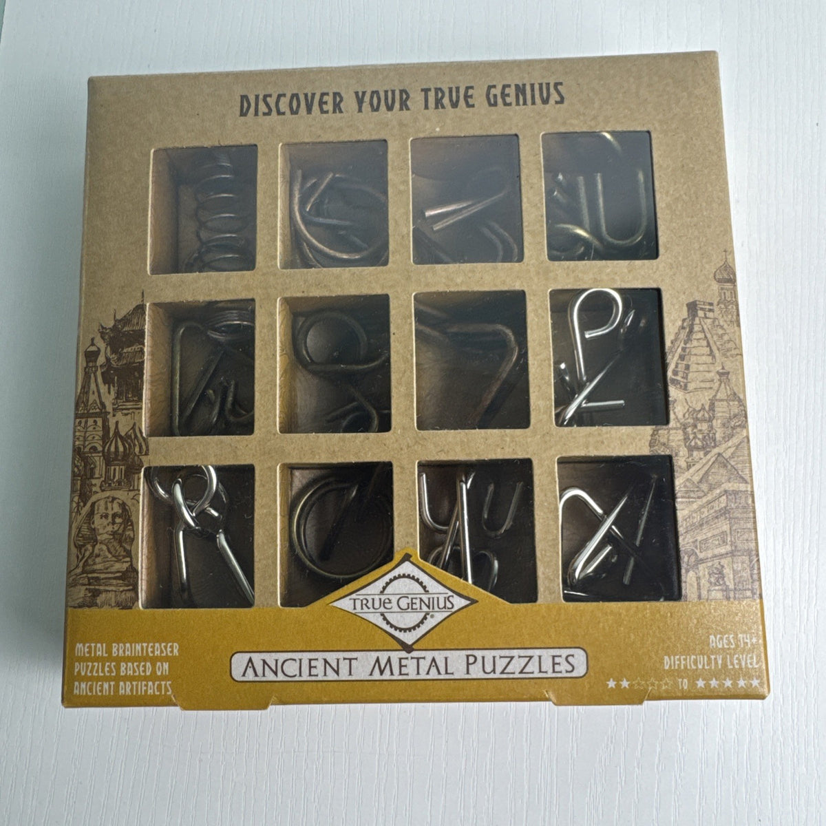 True Genius Ancient Metal Puzzles 12-piece wire brain teaser set in original packaging