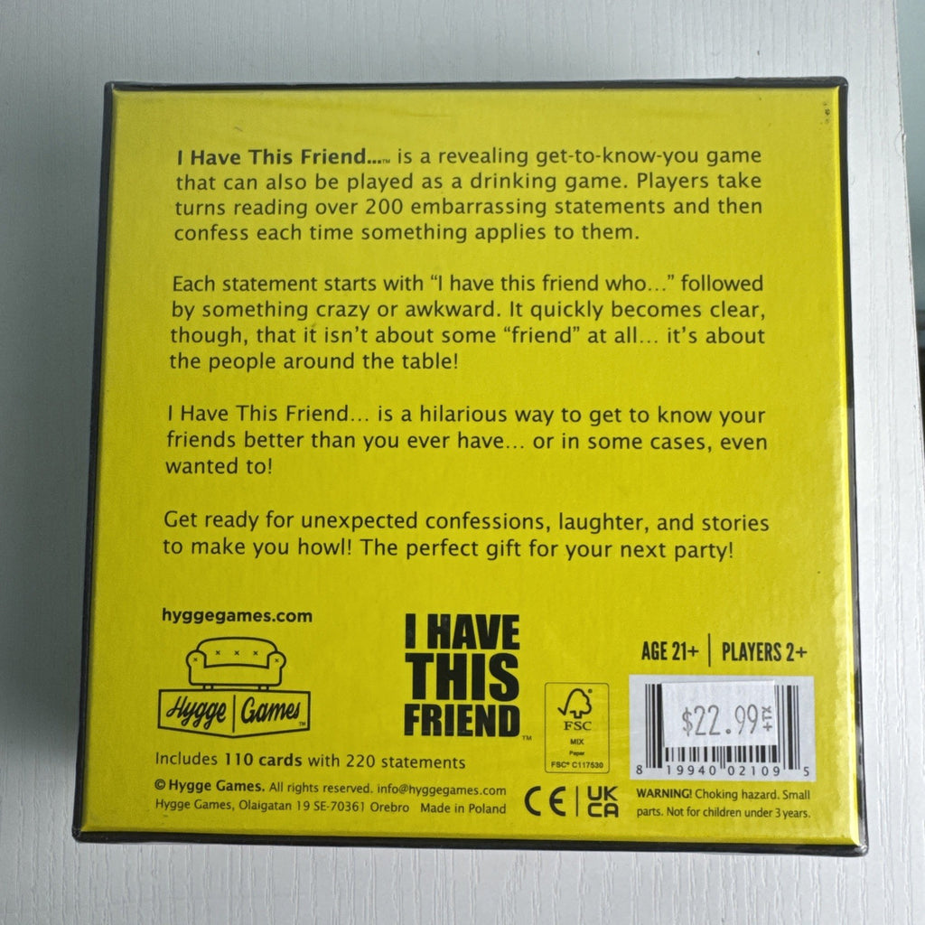 Factory sealed box of Hygge Games I Have This Friend adult party card game
