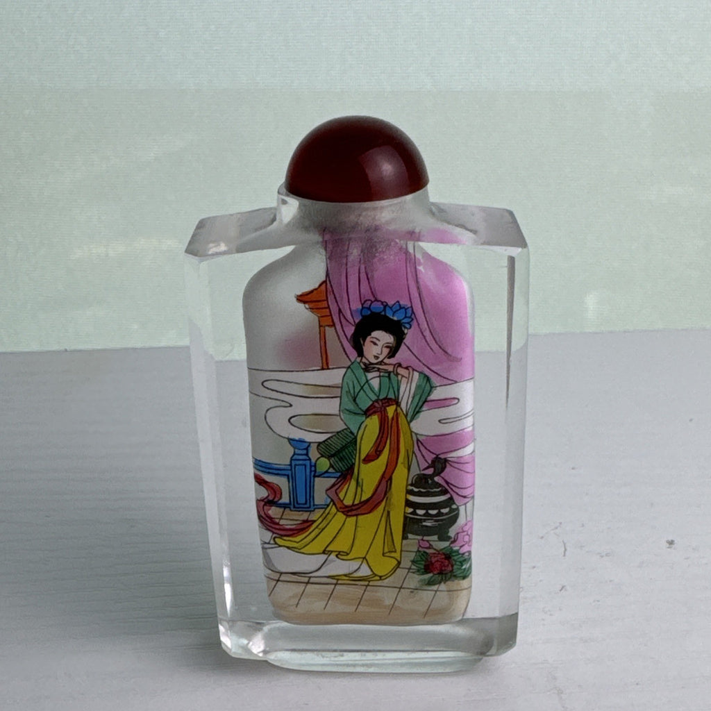 Vintage Chinese inside-painted faceted crystal snuff bottle featuring Yang Guifei with red stopper