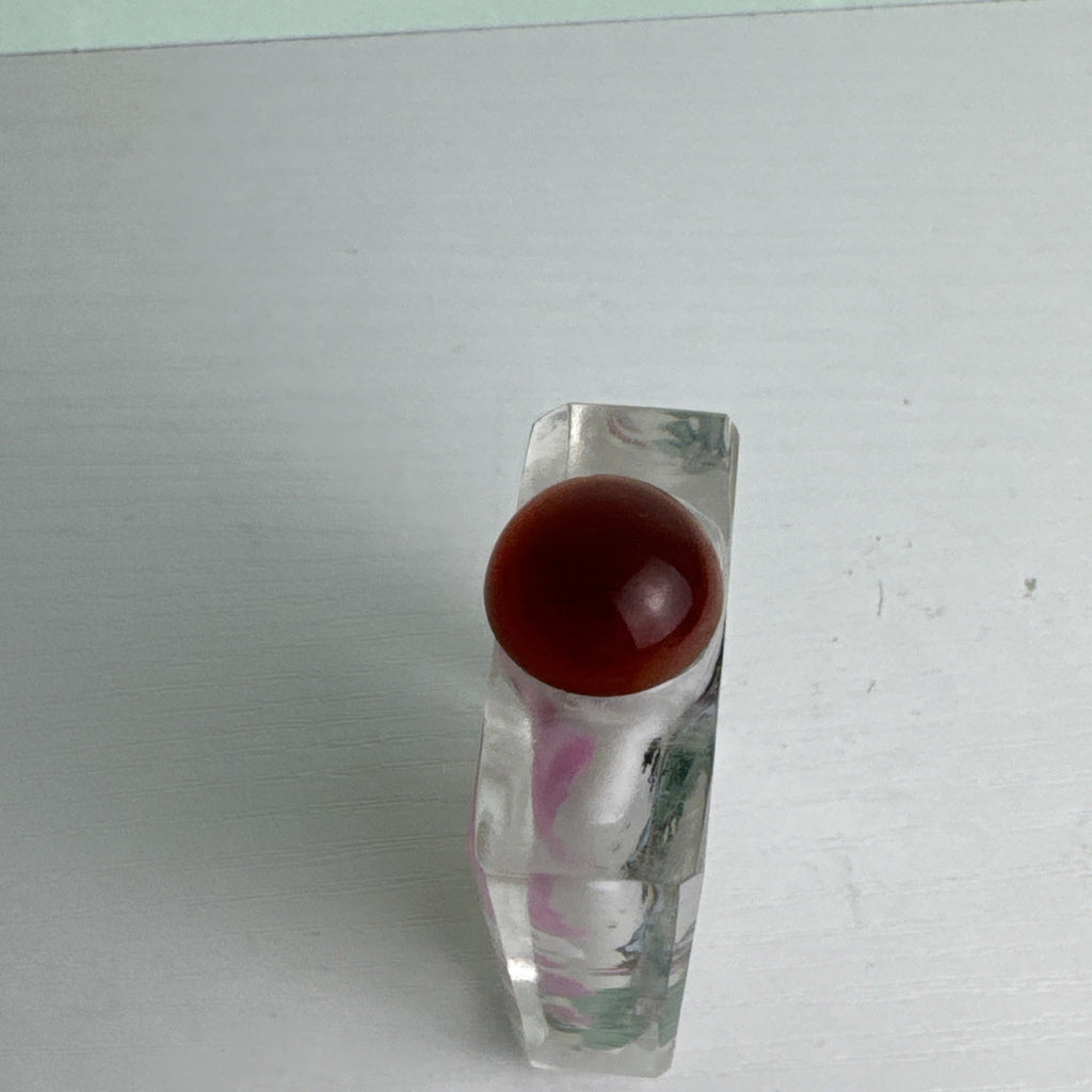 Vintage Chinese inside-painted faceted crystal snuff bottle featuring Yang Guifei with red stopper