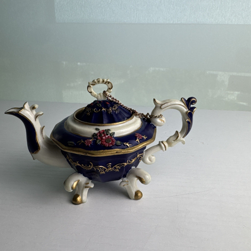 Nini Sahiba cobalt blue resin miniature teapot trinket box with hand-painted 3D floral accents