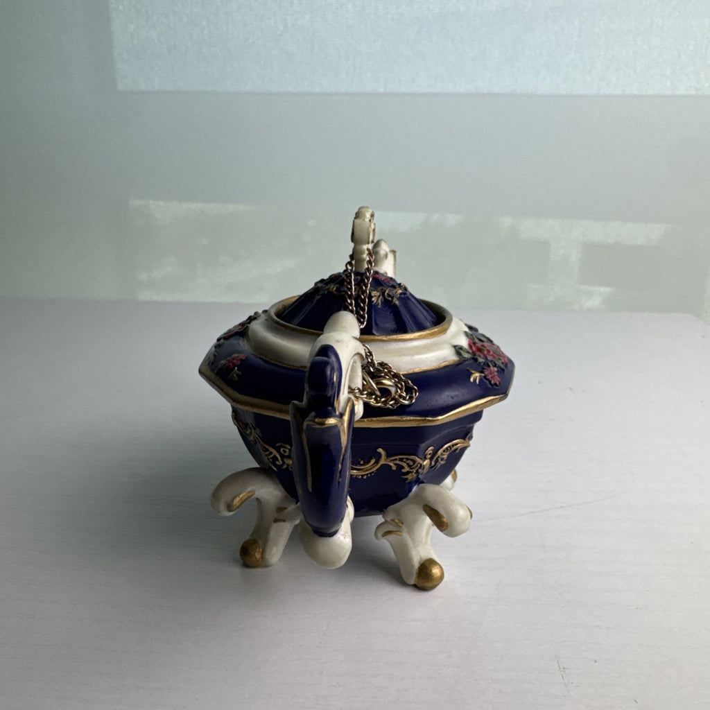 Nini Sahiba cobalt blue resin miniature teapot trinket box with hand-painted 3D floral accents