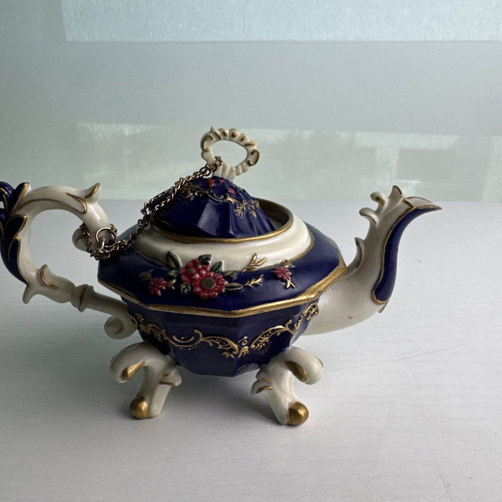 Nini Sahiba cobalt blue resin miniature teapot trinket box with hand-painted 3D floral accents