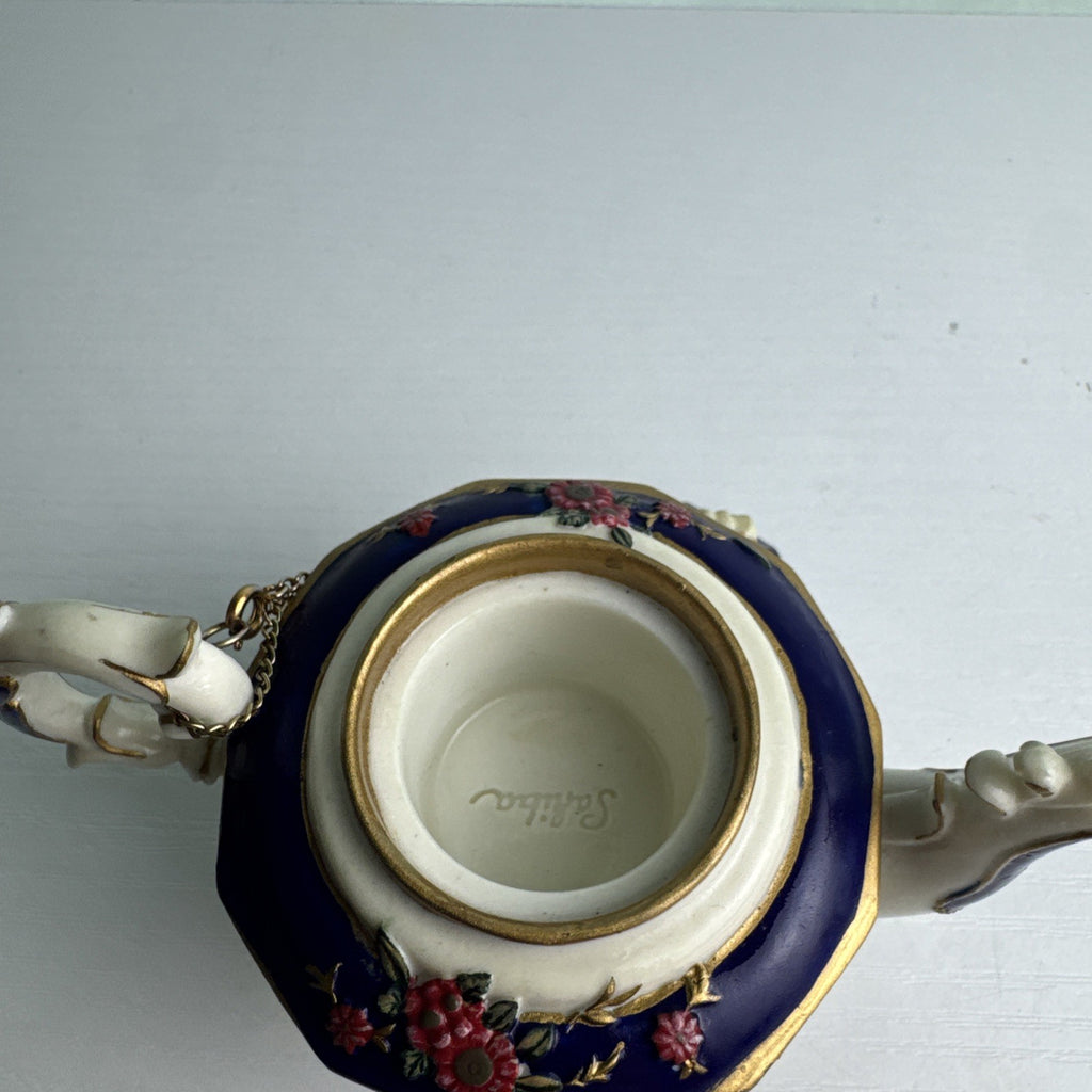 Nini Sahiba cobalt blue resin miniature teapot trinket box with hand-painted 3D floral accents