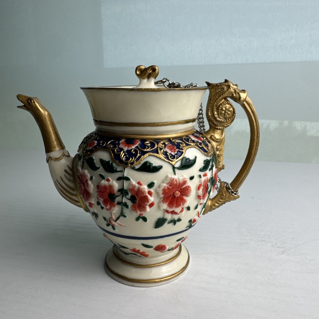 NINI miniature porcelain floral urn teapot with dragon handle and chained lid