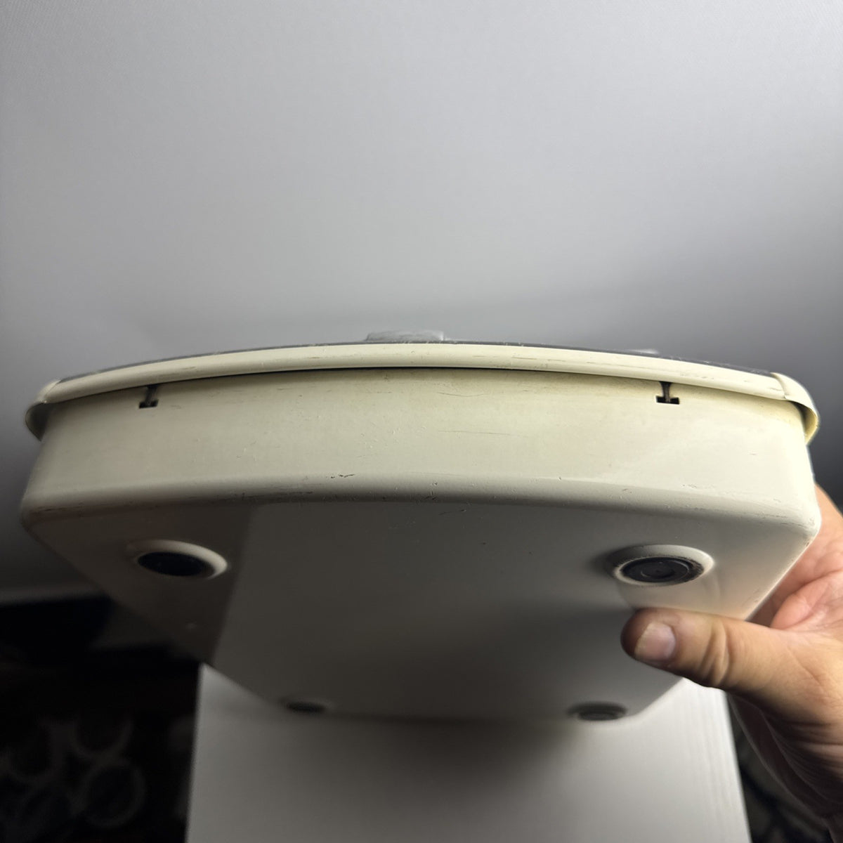 1950s Borg mechanical bathroom scale with chrome teardrop dial and black marbled platform