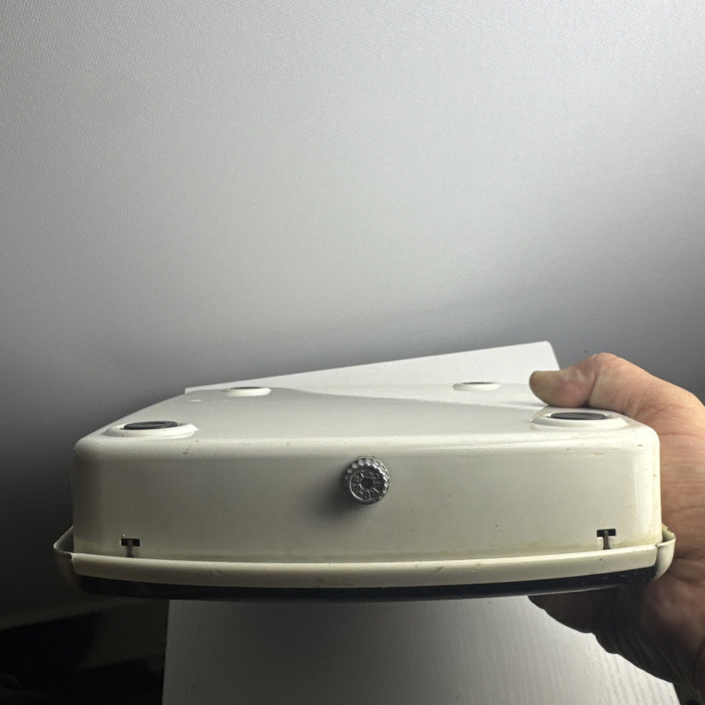1950s Borg mechanical bathroom scale with chrome teardrop dial and black marbled platform