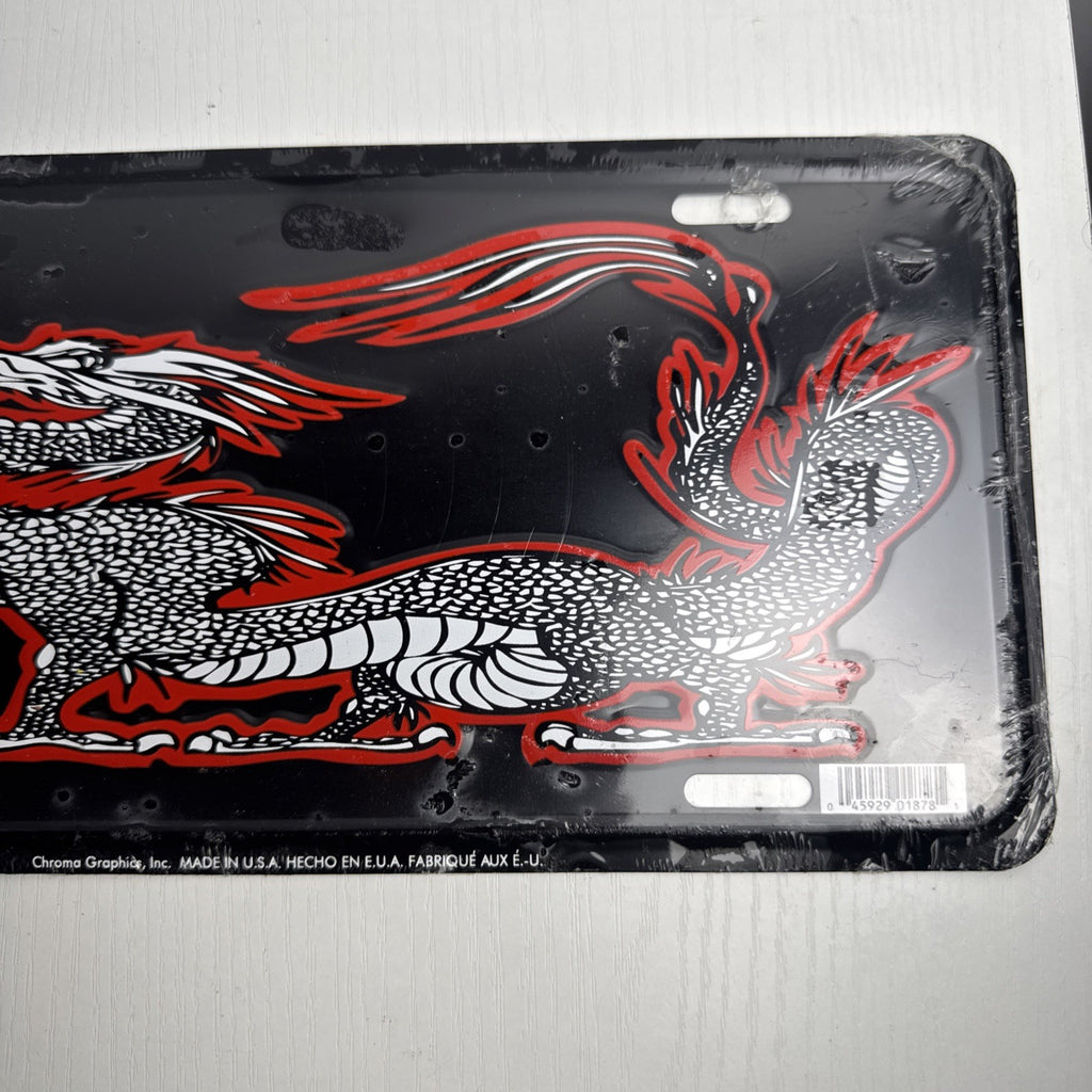 Chroma Graphics embossed metal Asian dragon vanity license plate in black, red, and white