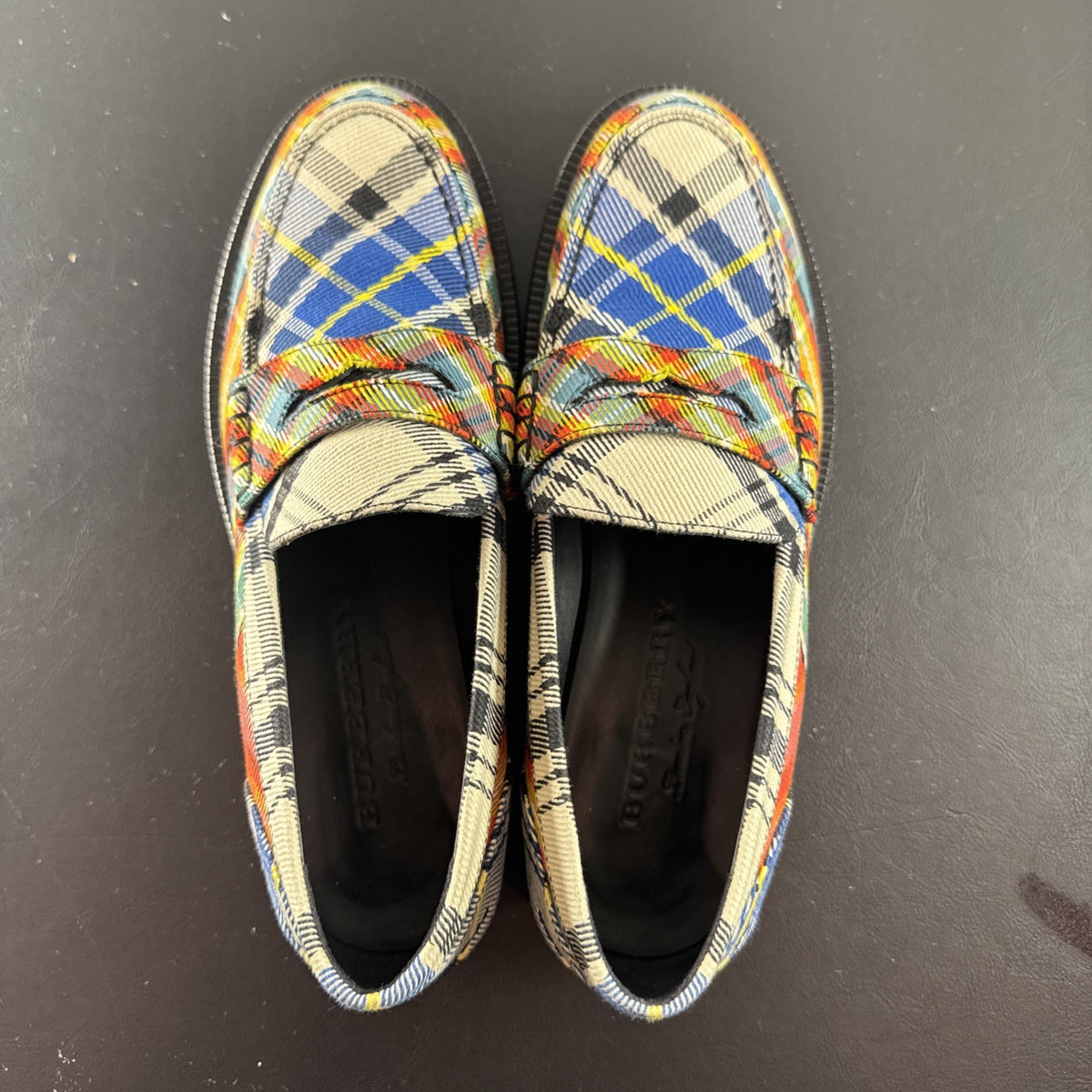 Burberry Bedmont Poppy Orange tartan canvas penny loafers with lug soles in size US 7 EU 37