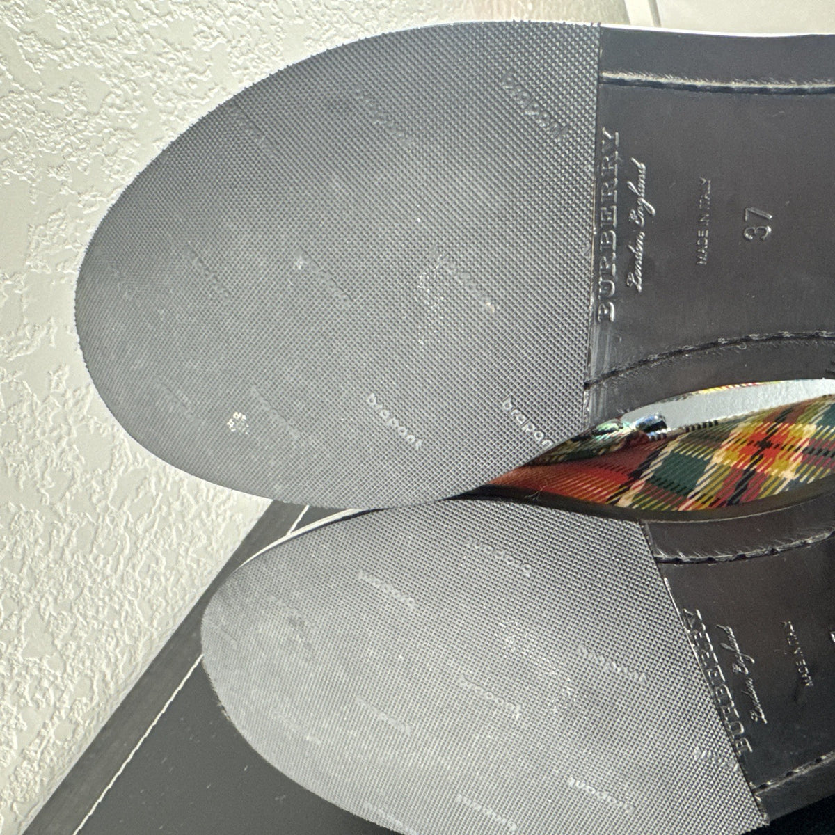 Burberry Bedmont Poppy Orange tartan canvas penny loafers with lug soles in size US 7 EU 37