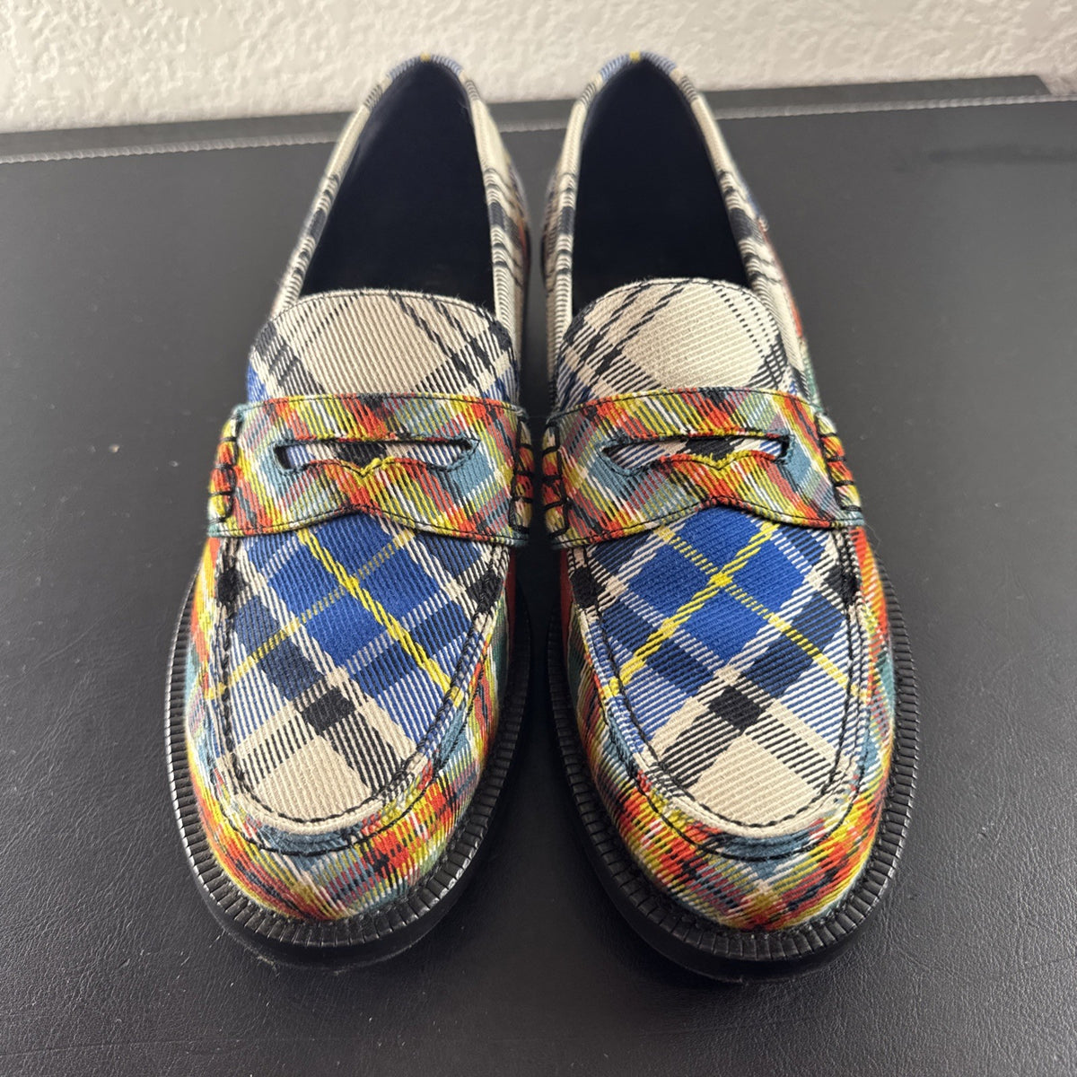 Burberry Bedmont Poppy Orange tartan canvas penny loafers with lug soles in size US 7 EU 37