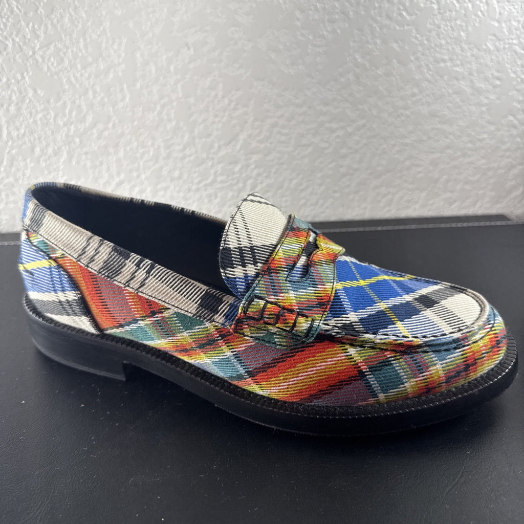 Burberry Bedmont Poppy Orange tartan canvas penny loafers with lug soles in size US 7 EU 37
