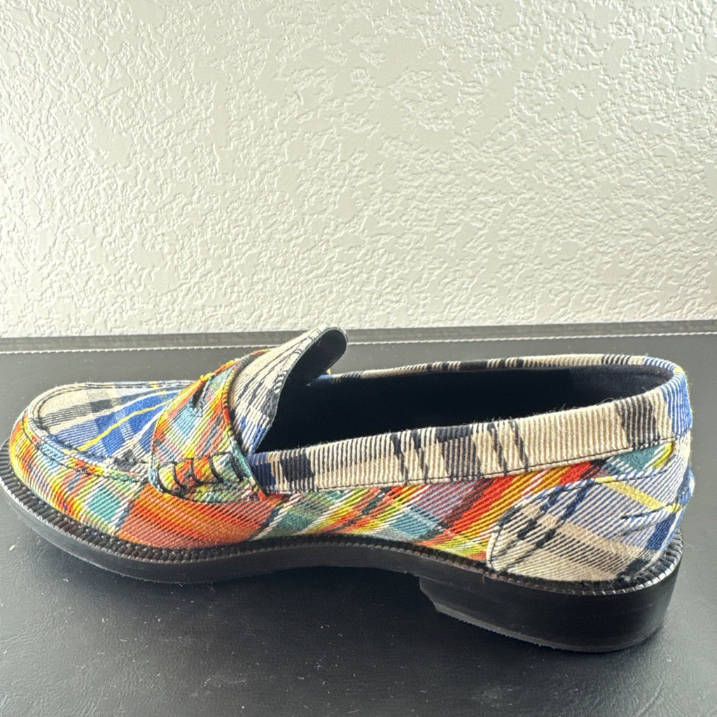 Burberry Bedmont Poppy Orange tartan canvas penny loafers with lug soles in size US 7 EU 37