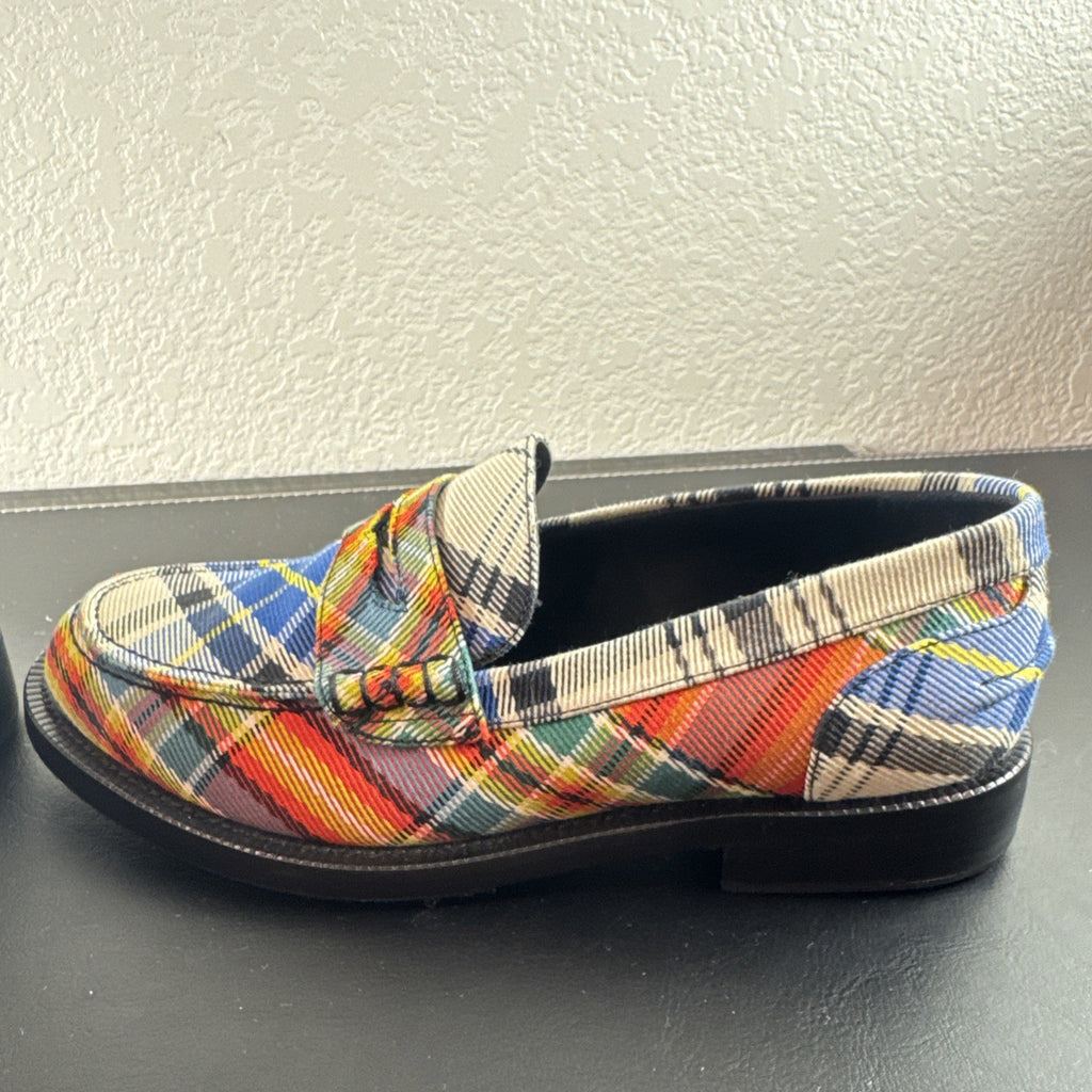 Burberry Bedmont Poppy Orange tartan canvas penny loafers with lug soles in size US 7 EU 37