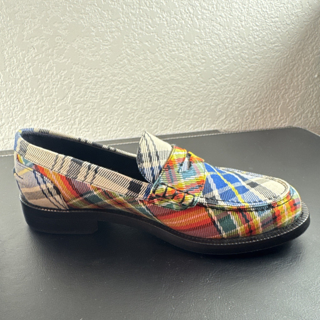 Burberry Bedmont Poppy Orange tartan canvas penny loafers with lug soles in size US 7 EU 37