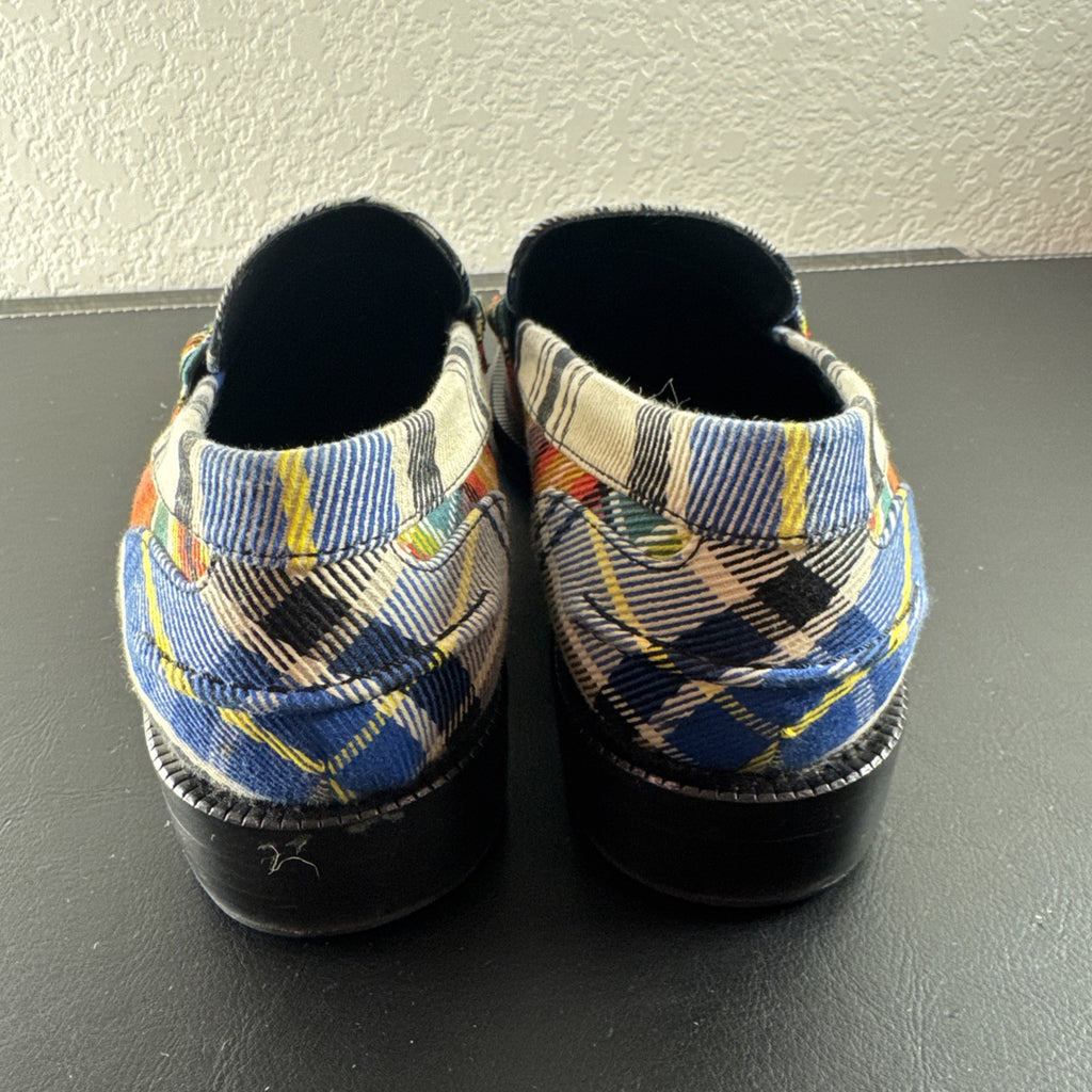 Burberry Bedmont Poppy Orange tartan canvas penny loafers with lug soles in size US 7 EU 37