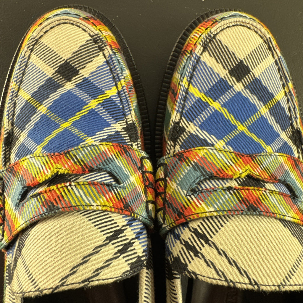 Burberry Bedmont Poppy Orange tartan canvas penny loafers with lug soles in size US 7 EU 37