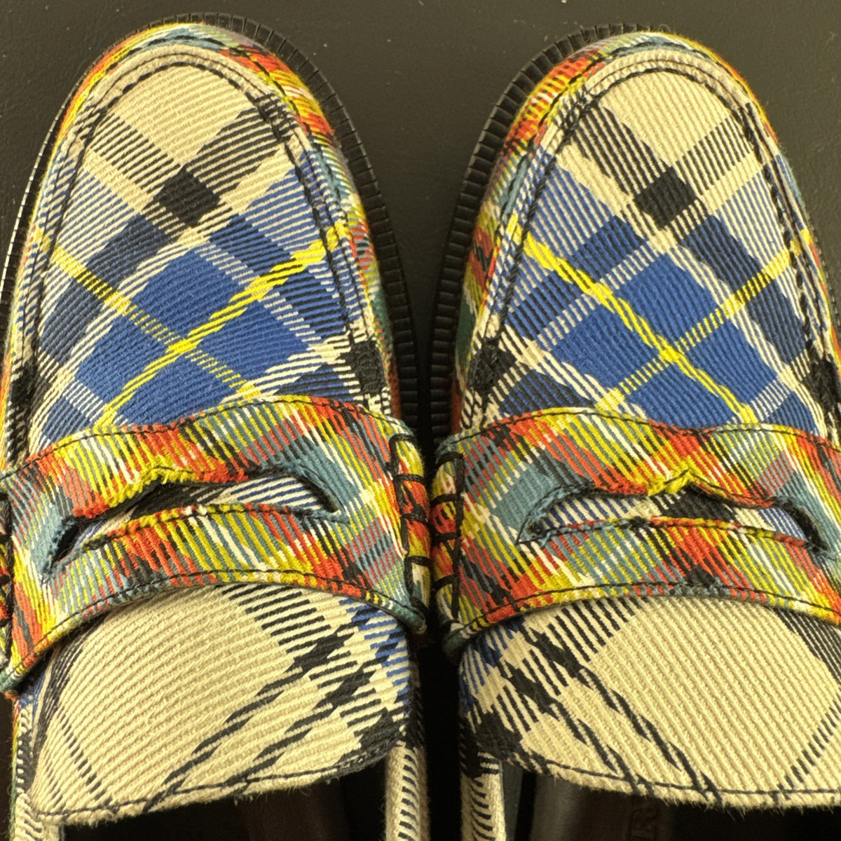 Burberry Bedmont Poppy Orange tartan canvas penny loafers with lug soles in size US 7 EU 37