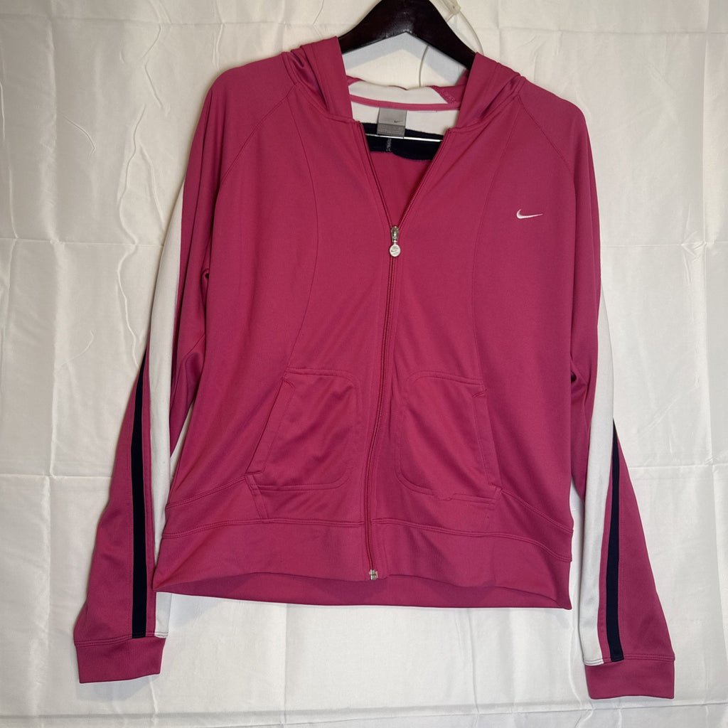 Nike Women's XL lightweight pink full-zip hoodie featuring raglan sleeves and hood.