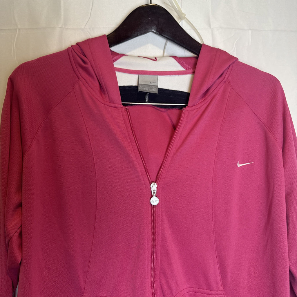 Nike Women's XL lightweight pink full-zip hoodie featuring raglan sleeves and hood.