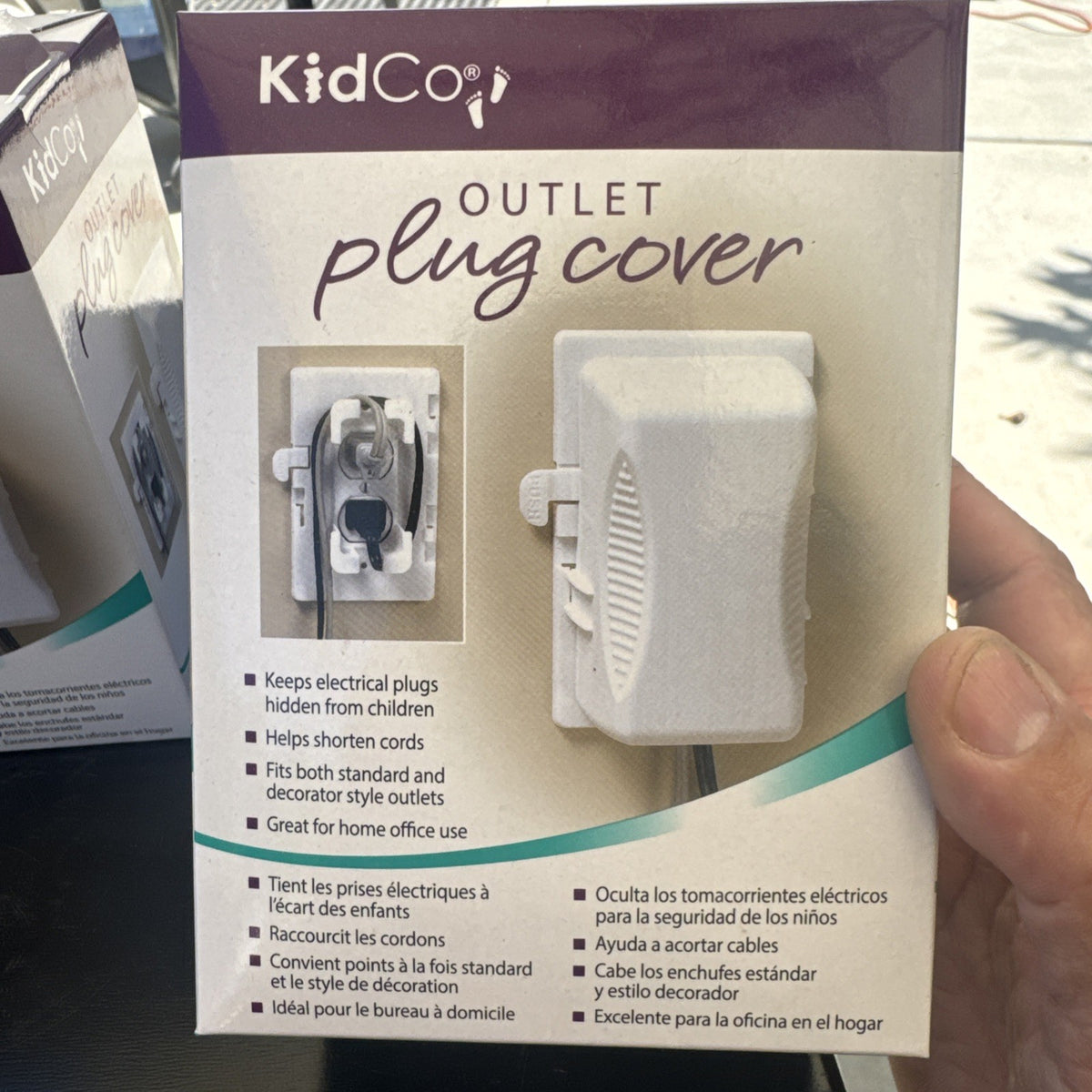 Set of 5 white KidCo S211 outlet plug covers and electrical cord shorteners for child safety baby proofing