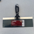 Husky 12 inch blue spring steel taping knife featuring soft grip handle and integrated hammer end