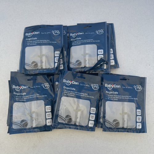 Bulk lot of 25 brand new packs of clear BabyDan FingerSafe door guards, total 50 stoppers.