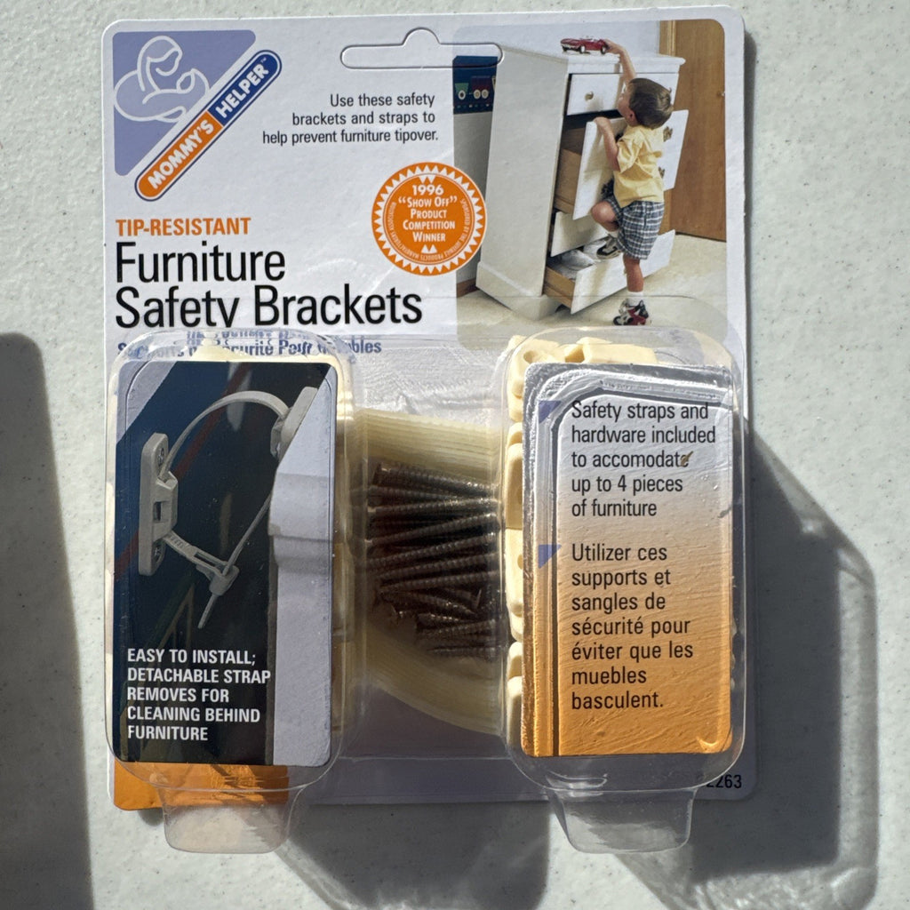 Three sealed packages of Mommy's Helper tip-resistant furniture safety brackets model 02263.