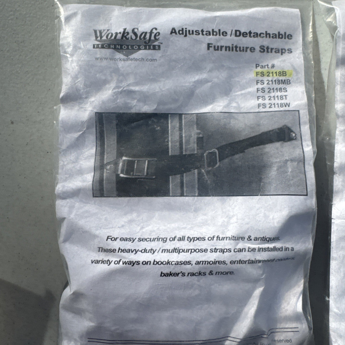 WorkSafe Technologies heavy duty black nylon anti tip furniture safety straps pack of 2 model FS 2118B