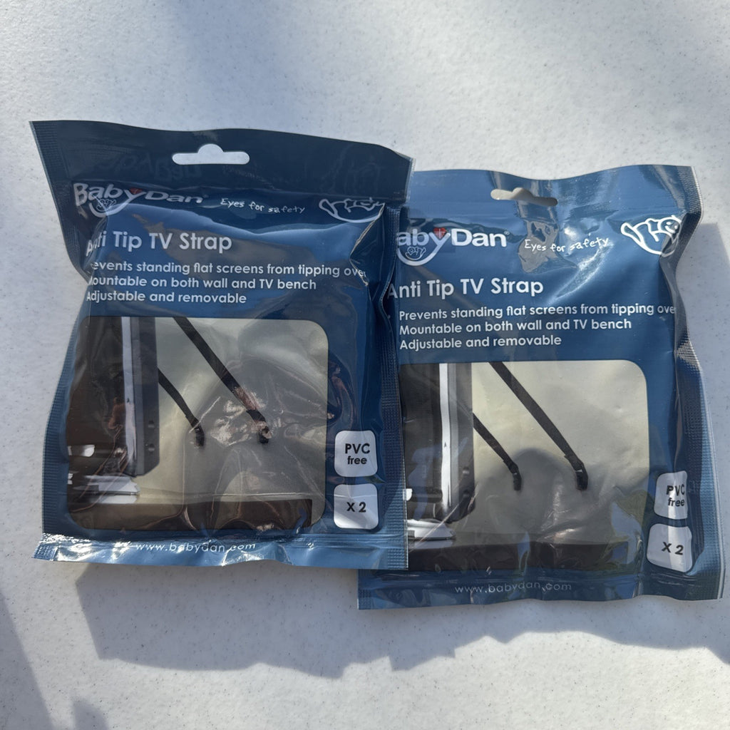 Baby Dan black adjustable anti-tip TV safety straps lot of two factory sealed packages.