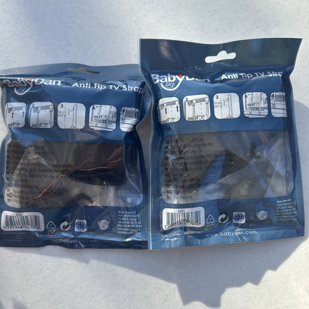 Baby Dan black adjustable anti-tip TV safety straps lot of two factory sealed packages.
