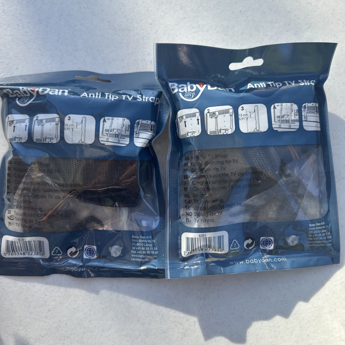 Baby Dan black adjustable anti-tip TV safety straps lot of two factory sealed packages.