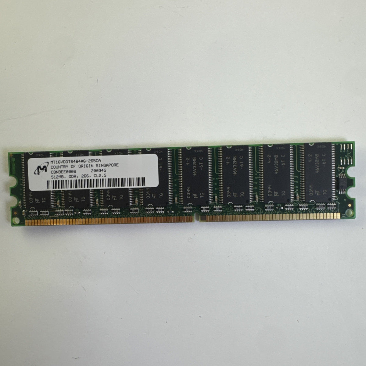 Micron 512MB DDR PC-2100 266MHz desktop memory module, part MT16VDDT6464AG-265CA