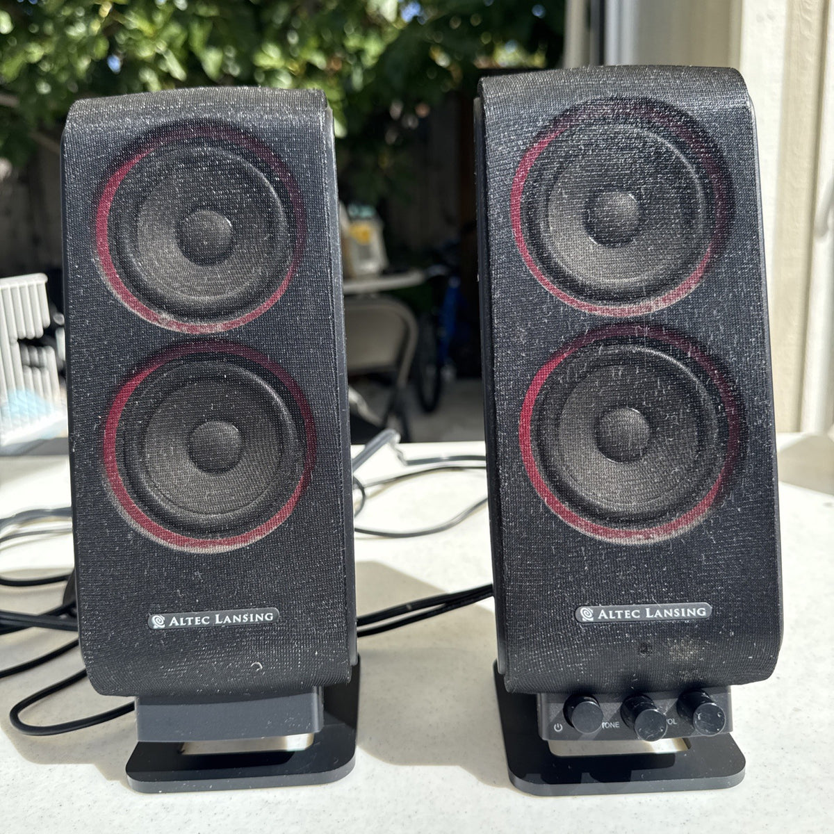 Pair of black Altec Lansing VS2420 desktop PC speakers with wired AUX connection