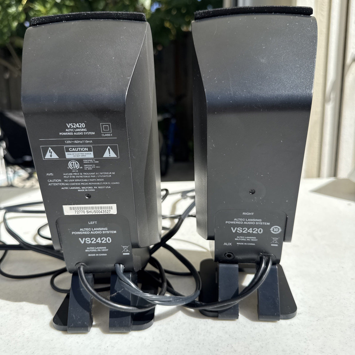 Pair of black Altec Lansing VS2420 desktop PC speakers with wired AUX connection