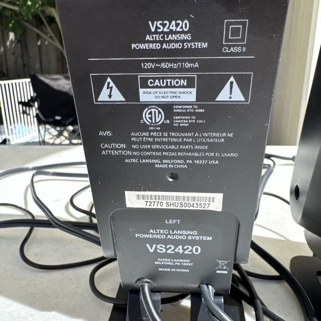 Pair of black Altec Lansing VS2420 desktop PC speakers with wired AUX connection