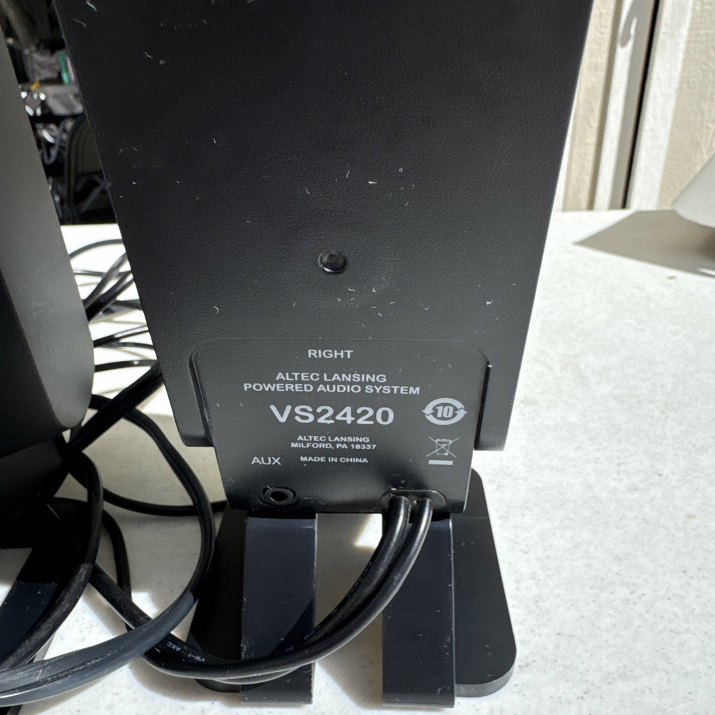 Pair of black Altec Lansing VS2420 desktop PC speakers with wired AUX connection