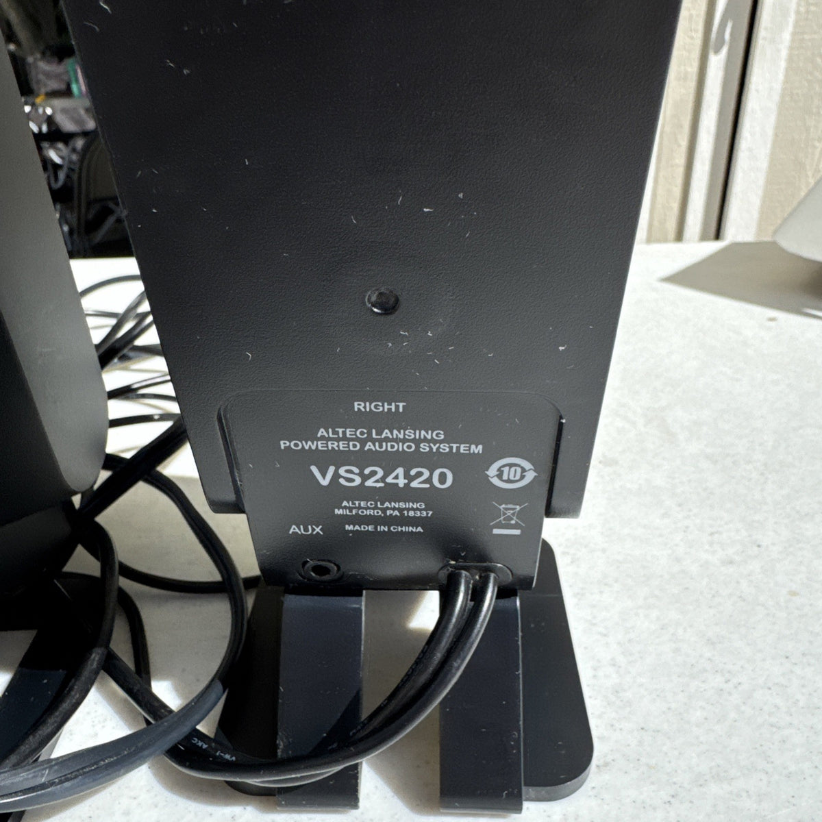 Pair of black Altec Lansing VS2420 desktop PC speakers with wired AUX connection