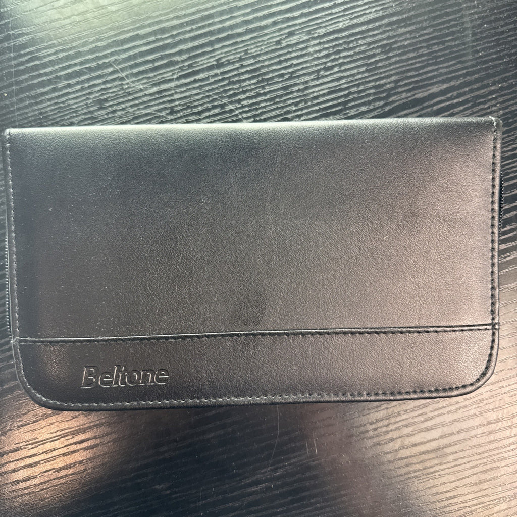 Black Beltone faux leather zip-around organizer case with interior pockets and elastic loops