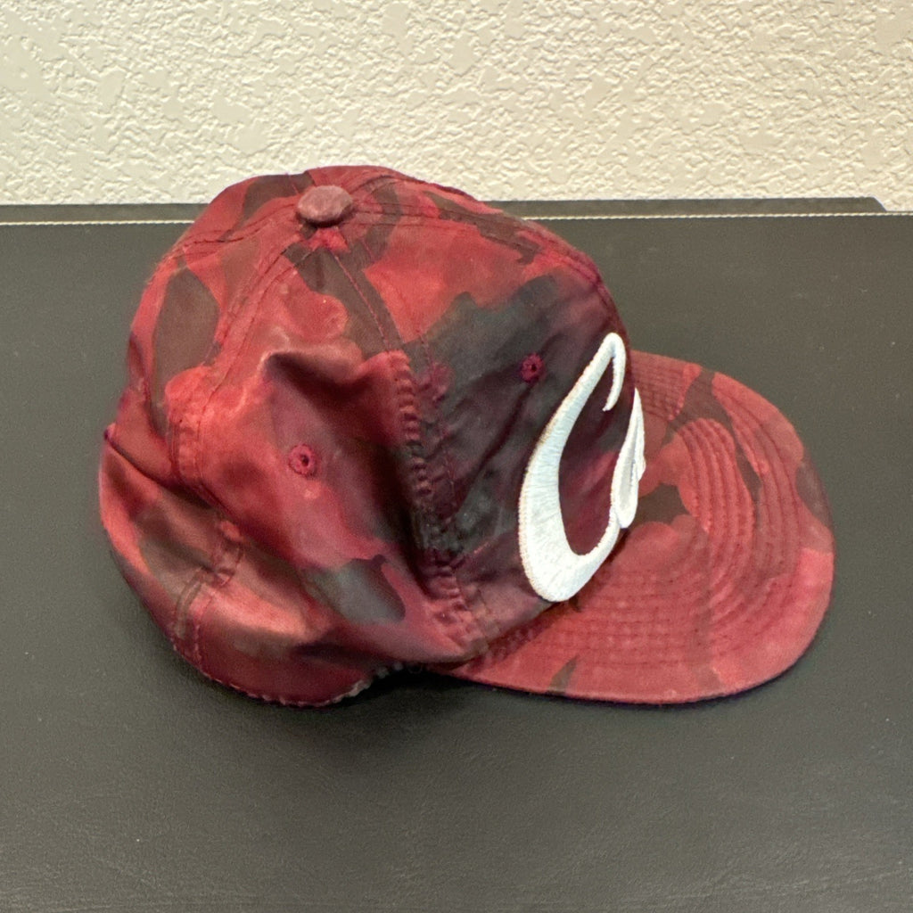 Red and burgundy camo snapback hat with white 3D embroidered Cali script logo